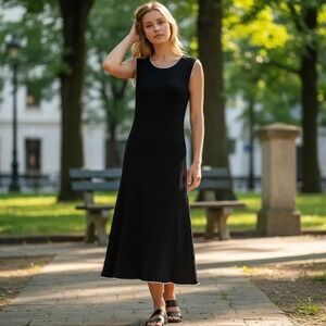 White House Black Market Ribbed Knit Midi Dress Black White Trim Small 570277091